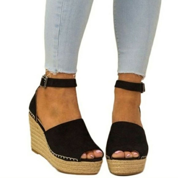 Blqck Platform Open Toe Espadrilles Wedge Heels strap - Picture 2 of 10